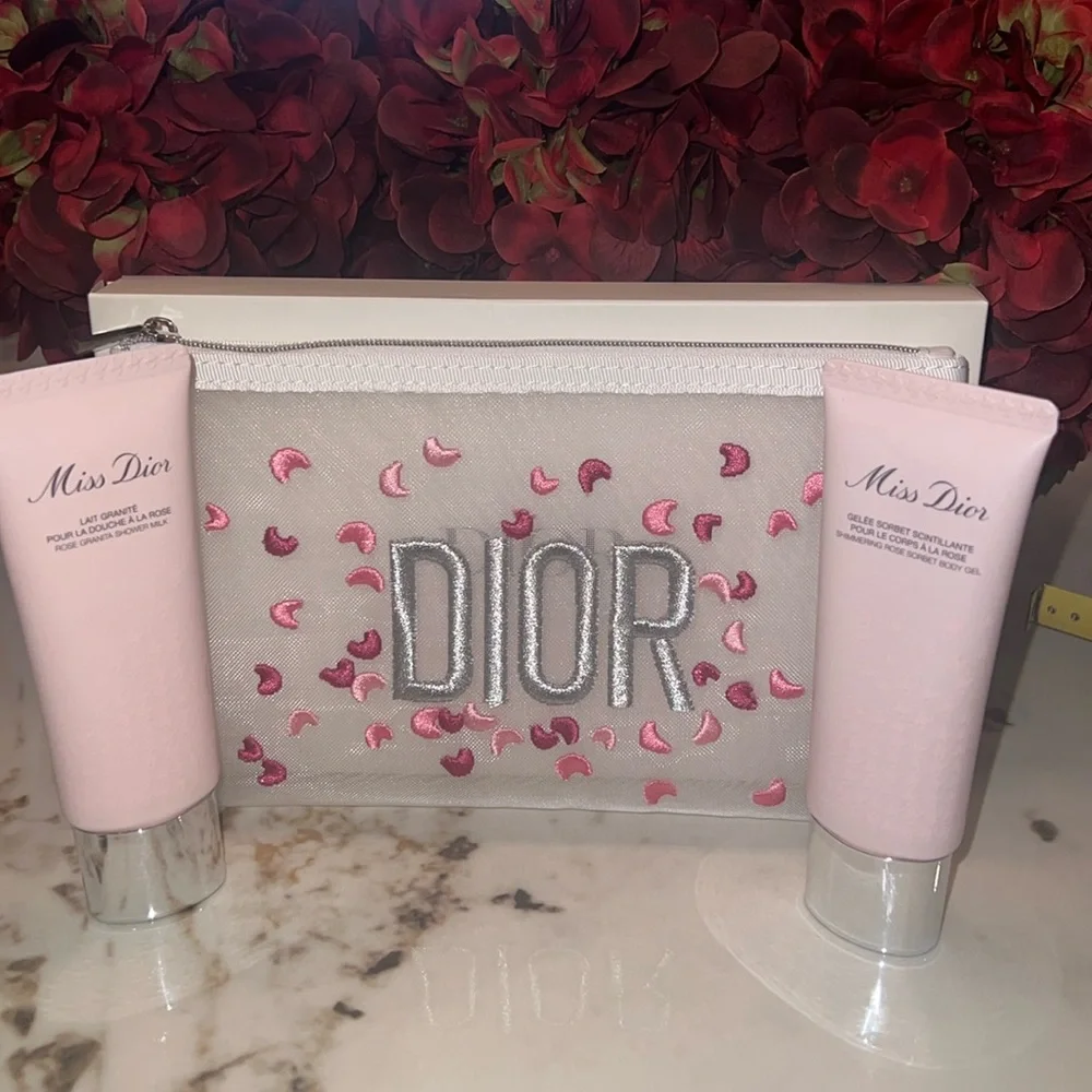 Dior Embroidered Pouch and Miss Dior Shower Milk/Rose Sorbet Body Gel set - Picture 1 of 8